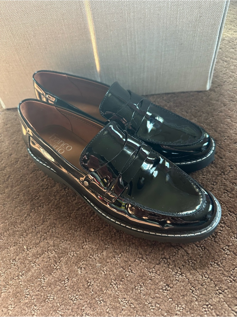 FRANCO SARTO Cassandra Platform Penny Loafer Black Faux Patent Leather Size 8 M